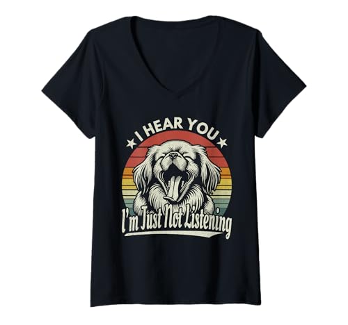 Damen Yawn Pekinese I Hear You I'm Just Not Listening Sunset Retro T-Shirt mit V-Ausschnitt von Pekingese Lover Funny Sleepy Dog Gift Design