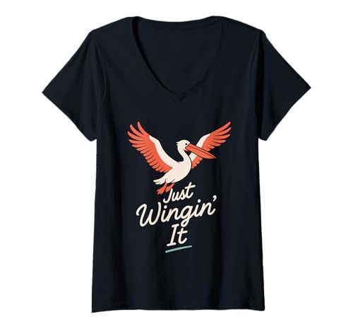 Damen Lustiger Pelikan Meme Big Beak Energy Coastal Bird Quirky Beach T-Shirt mit V-Ausschnitt von Pelican Enthusiast Gift Coastal Pun Bird Meme Gift