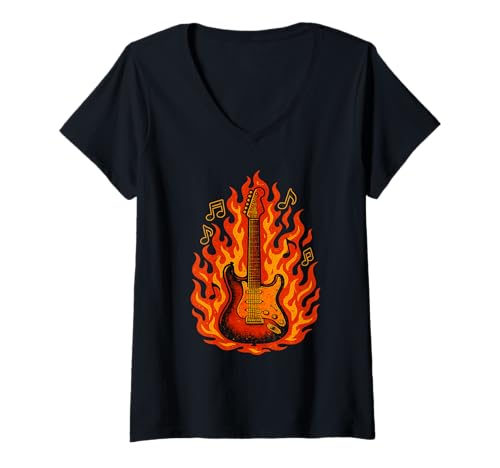 Damen Flaming E-Gitarre - Rockmusiknoten Konzertstimmungen T-Shirt mit V-Ausschnitt von PelicanWild