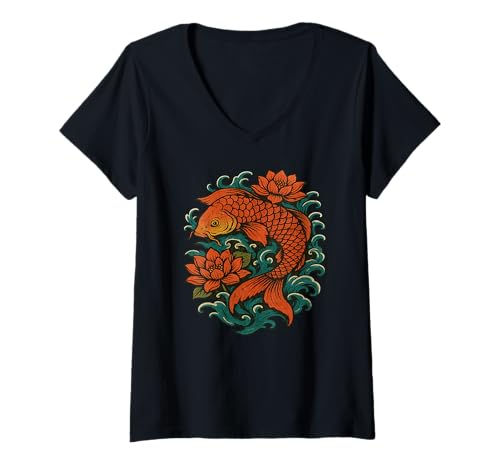 Damen Koifisch mit Lotusblüten - östliche Folklore Fantasy Art T-Shirt mit V-Ausschnitt von PelicanWild