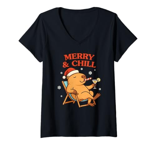 Damen Lustiges Capybara Weihnachtstier T-Shirt mit V-Ausschnitt Damen Lustiges Capybara Weihnachtstier T-Shirt mit V-Ausschnitt von PelicanWild