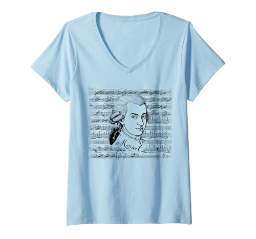 Damen Mozart-Porträt mit klassischen Noten Komponistenkunst T-Shirt mit V-Ausschnitt Damen Mozart-Porträt mit klassischen Noten Komponistenkunst T-Shirt mit V-Ausschnitt von PelicanWild