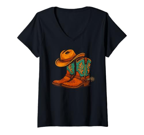 Damen Western Cowboy Style - Rustikaler Rodeo-Hut & Stiefel Landleben T-Shirt mit V-Ausschnitt Damen Western Cowboy Style - Rustikaler Rodeo-Hut & Stiefel Landleben T-Shirt mit V-Ausschnitt von PelicanWild