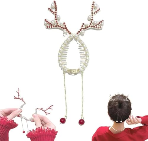 Haarklammer mit Strasssteinen, Perlen, Quaste, Haarklammer, Quaste, Pferdeschwanz, Haarspangen, Weihnachtselch-Kopfschmuck, Rentier-Haarspangen, Glitzerkralle, Dutt, Haarklammer für Frauen (rot) von Pelinuar