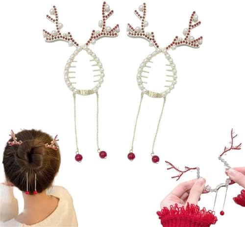 Haarklammer mit Strasssteinen, Perlen, Quaste, Haarklammer, Quaste, Pferdeschwanz, Haarspangen, Weihnachtselch-Kopfschmuck, Rentier-Haarspangen, Glitzerkrallenhalter, Haarklammer für Damen, Rot, 2 von Pelinuar