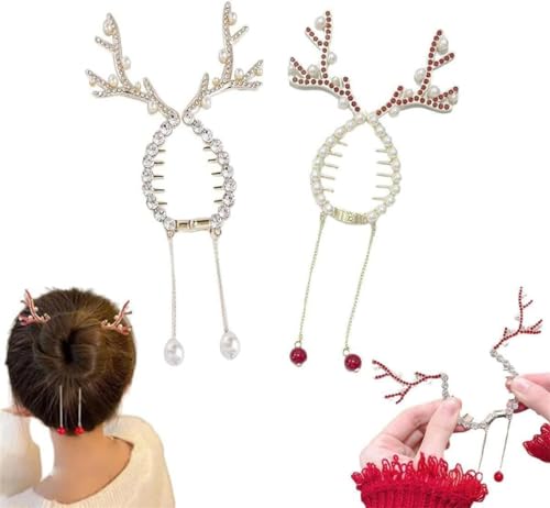 Haarklammer mit Strasssteinen, Perlen, Quaste, Pferdeschwanz, Haarklammer, Weihnachtselch-Kopfschmuck, Rentier-Haarspangen, Glitzerkrallenhalter, Haarklammer für Frauen (gemischt) von Pelinuar