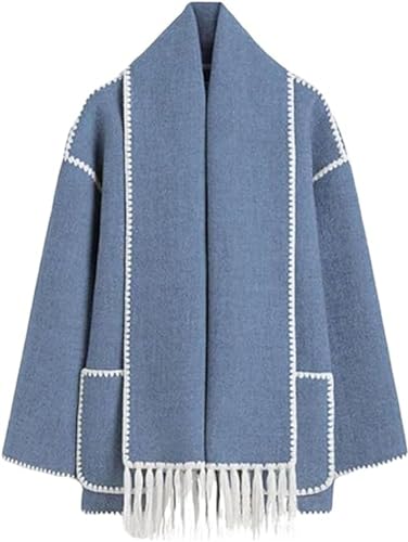 Womens Oversized Embroidered Scarf Jacket Crewneck Wool Coat Long Sleeve Tassel Scarf Coats with Baggy Pockets,Fashion Tassel Scarf Coats,Button Down Warm Outerwear with Tassel Scarf (Blue, M) von Pelinuar