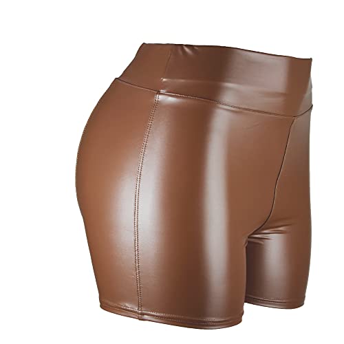 Pelisy Damen Sexy Leder Shorts Glanz Hohe Taille PU Lederoptik Kurze Hose Push up Lederimitat Kunstlederhose, Braun, L von Pelisy