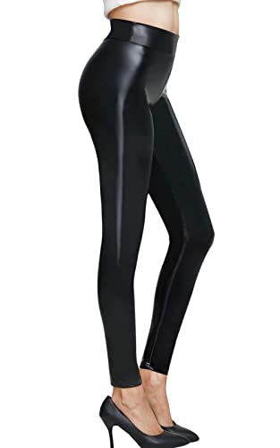 Pelisy Damen Leder Leggings Lederoptik Mittlere Taille PU Lederimitat Glanzleggings Sexy Kunstlederhose, XL-- Taille 76 - 84cm; Hüfte 107cm., Schwarz von Pelisy