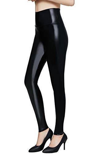 Pelisy Damen Sexy Leder Leggings Lederimitat Hohe Taille PU Lederoptik Glanzleggings, Schwarz, XL-- Taille 76 - 84cm; Hüfte 107cm. von Pelisy