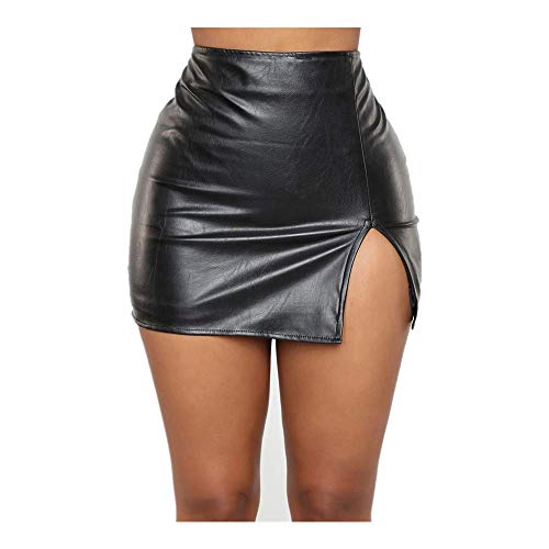 Pelisy Sexy Mini-PU-Lederrock für Damen, hohe Taille, Reißverschluss, schmal, Kunstleder, Röcke, Schwarz , L-XL von Pelisy