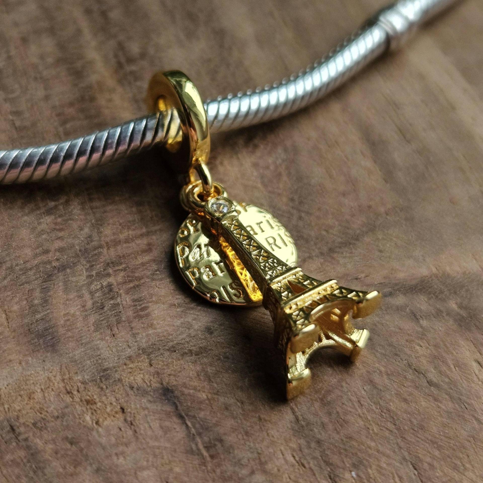 Dangling Charm, Eiffel Tower & Paris Written Stamp Design, Chic Meaningful Jewelry Piece von PelitJewelry