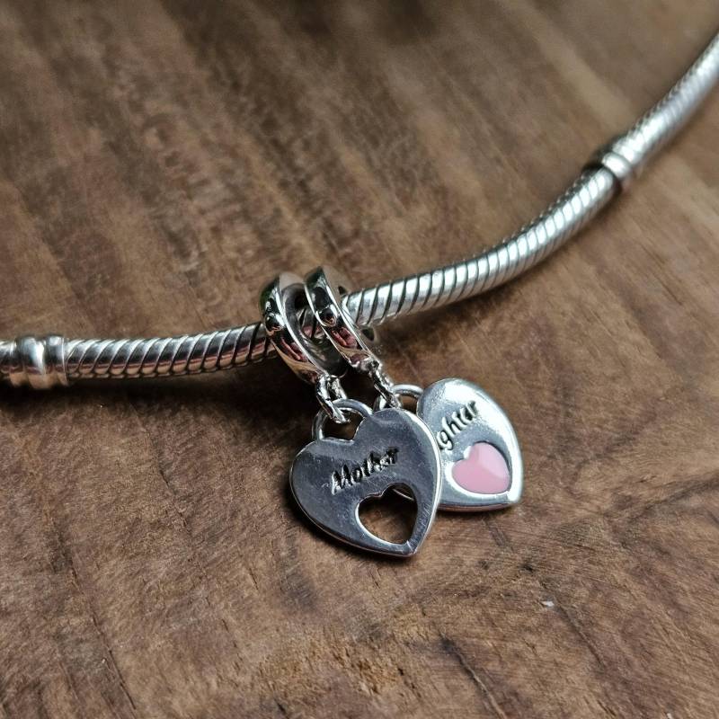 Silver Heart Charm, Mother Daughter, Pink Detail, Daughter Silver, Engraving von PelitJewelry