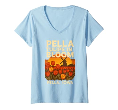 Damen Pella Tulips Shirt Iowa Bloom Windmühle Retro Flower Art T-Shirt mit V-Ausschnitt von Pella Tulips Tee Shirts for Spring Fans