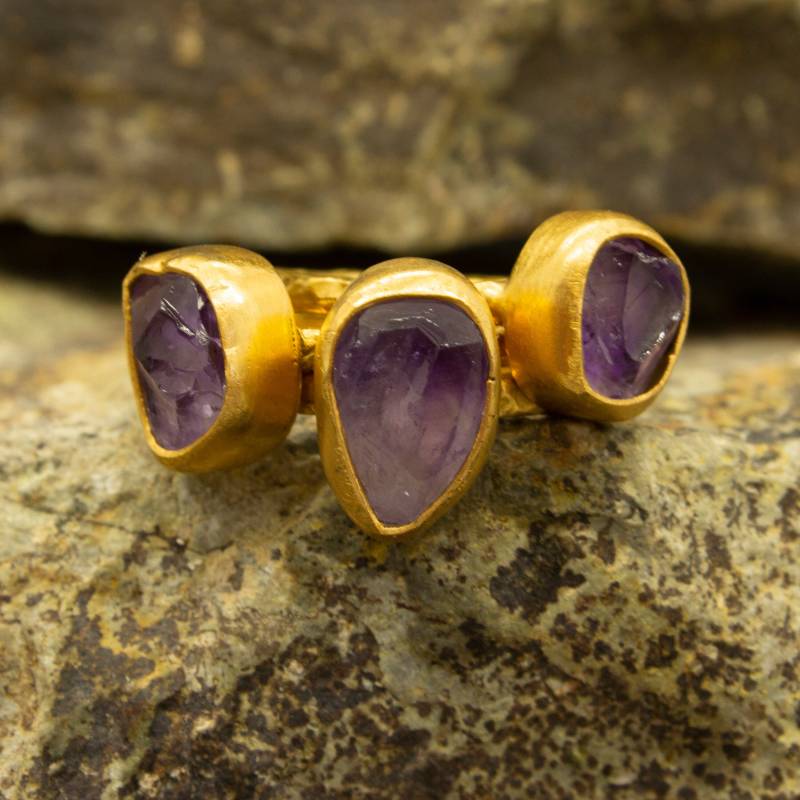 Rohe Amethyst Ringe | Handgemachter Uralter Roher Kristall Ring 24K Vergoldetes 925 Sterling Silber Drei Stapelbare Von Pellada von Pellada