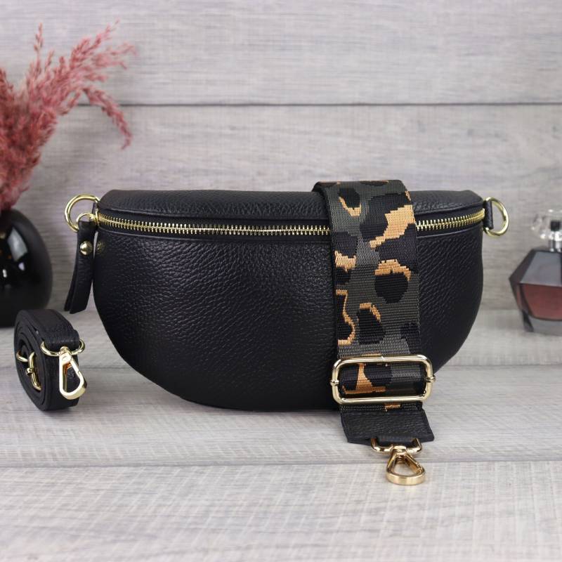 Schwarze Leder Bauchtasche Für Frauen Mit Goldener Reißverschluss, Schultertasche Extra Gemusterten Riemen, Geschenk Zum Muttertag von PelleItalia