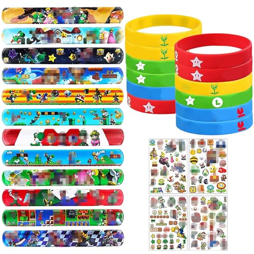 Pellinch Mitgebsel Kindergeburtstag,Party Spielzeug Geburtstagsdeko 12Slap Armbänder 12 Silikonarmbänder 4 Tattoo Schnapparmband Kinder Theme Party Decorations Jungen Mädchen Gastgeschenk von Pellinch