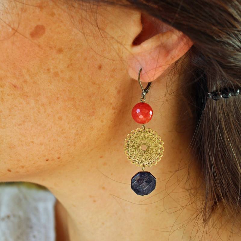 Ohrringe in Edelsteinen Und Goldenen Rosetten Messing "Trouville" Pemberley Schmuck/stein Boho Böhmen von Pemberleybijoux