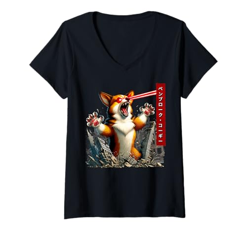 Damen Lustiger Pembroke Corgi Hund Kaiju Monster Japanisch T-Shirt mit V-Ausschnitt Damen Lustiger Pembroke Corgi Hund Kaiju Monster Japanisch T-Shirt mit V-Ausschnitt von Pembroke Corgi Dog Kaiju Monster Clothing