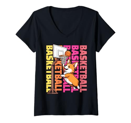 Damen Corgi Basketball Sports Hundeliebhaber T-Shirt mit V-Ausschnitt von Pembroke Welsh Corgi Basketball Player Dog Designs