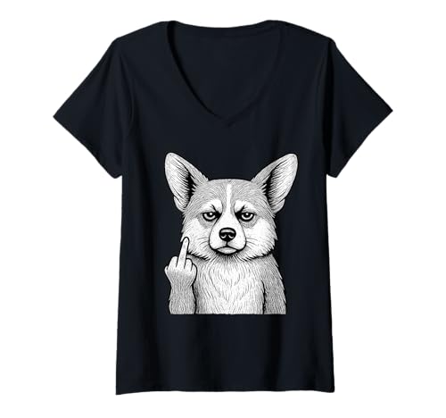 Damen Corgi Mittelfinger sarkastischer Hundeliebhaber T-Shirt mit V-Ausschnitt Damen Corgi Mittelfinger sarkastischer Hundeliebhaber T-Shirt mit V-Ausschnitt von Pembroke Welsh Corgi Flipping Off Dog Designs