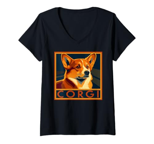 Damen Pembroke Welsh Corgi Retro T-Shirt mit V-Ausschnitt von Pembroke Welsh Corgi Gifts
