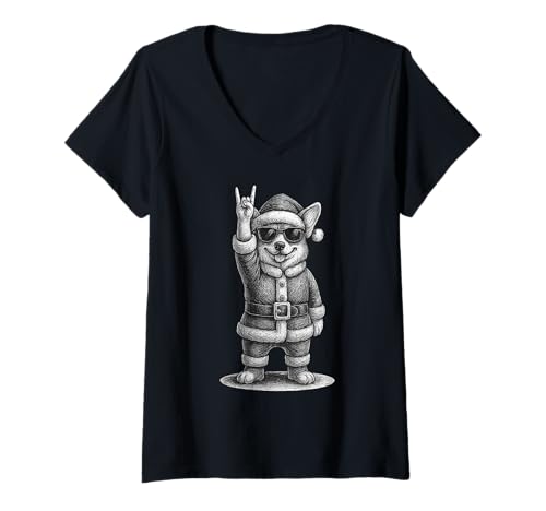 Damen Corgi Rock Music Weihnachts-Hundeliebhaber T-Shirt mit V-Ausschnitt Damen Corgi Rock Music Weihnachts-Hundeliebhaber T-Shirt mit V-Ausschnitt von Pembroke Welsh Corgi Rock And Roll Dog Designs