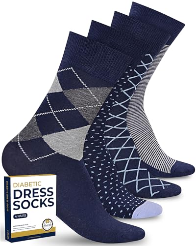 Pembrook Diabetiker-Socken für Herren – 4 Paar, geruchsfrei, stilvolle Diabetiker-Socken für Herren, Arbeit, Diabetikersocken, leger, Marineblaue Designs, 4 Paar, Large von Pembrook