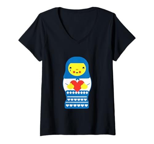 Damen Ukraine Matroschka Puppe weint, Ukraine Blau Gelb Herz T-Shirt mit V-Ausschnitt von Pen and Ink Design
