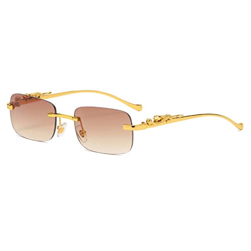 PenKee Vintage Randlose Quadratische Sonnenbrille Frauen Männer Luxus Designer Beliebte Reise Fahren Metall Leopard Kopf Sonnenbrille UV400 von PenKee