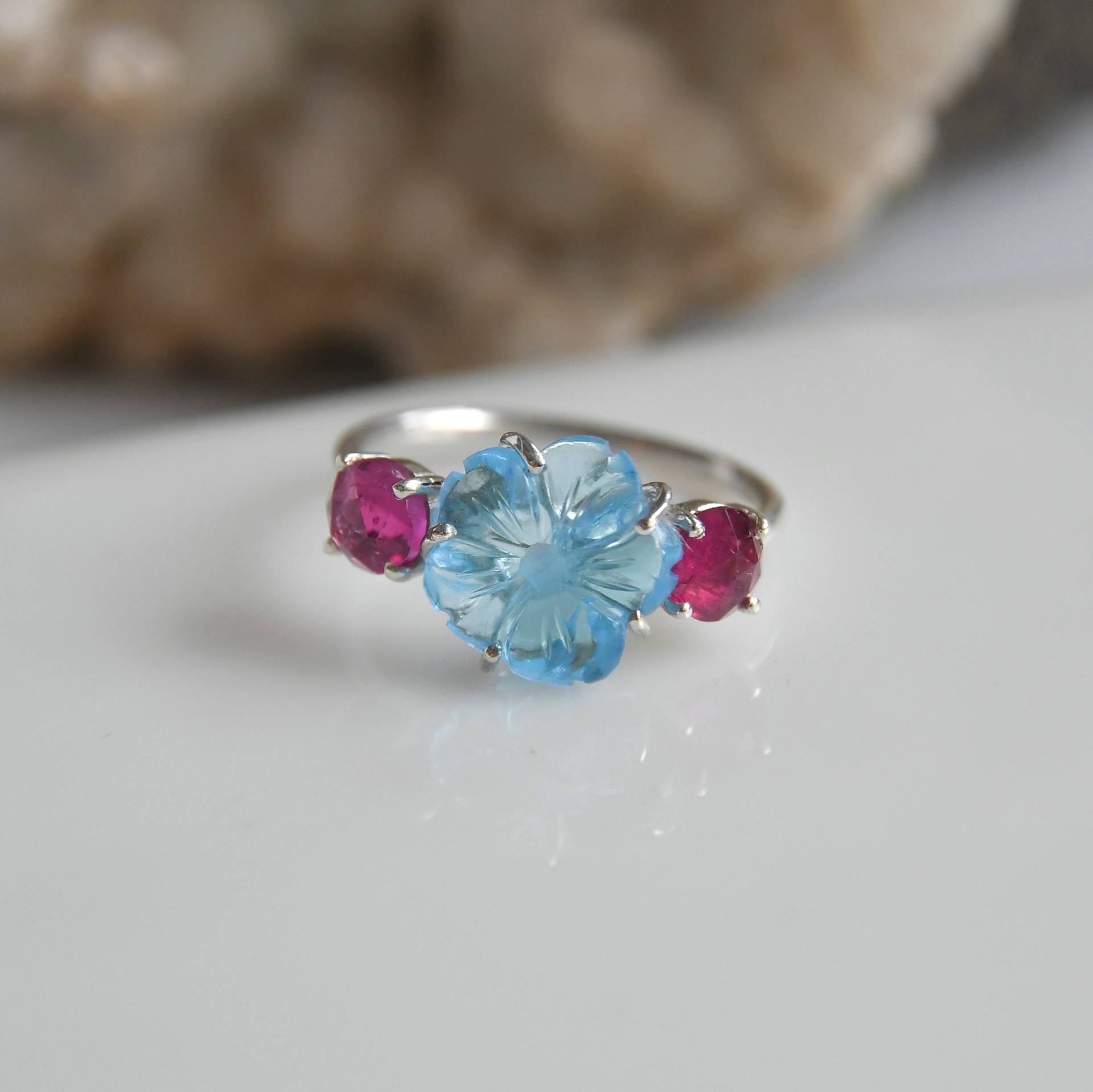 Blautopas Und Turmalin Ringe, Blume Ringe Für Mädchen, 925 Sterling Silber Designer Handgefertigte von PenazBySatyug