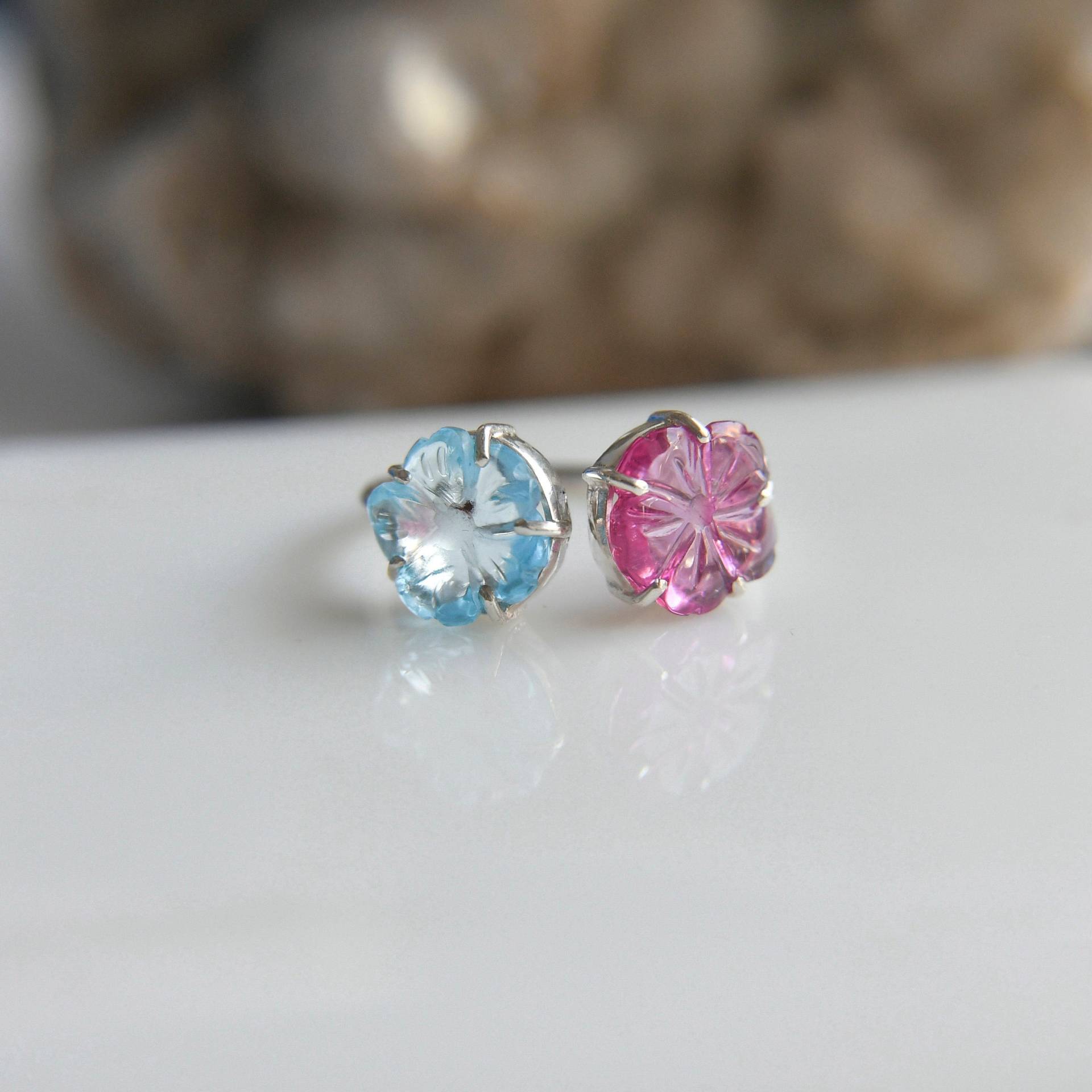 Designer Ringe Für Mädchen, 925 Sterling Silber Ringe, Turmalin Blume, Blautopas Pink Verstellbare Handmade von PenazBySatyug