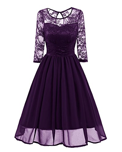 Damen Spitzenkleid Kurzarm Cocktail Party Kleid Abendkleid Lila XL von PengGeng