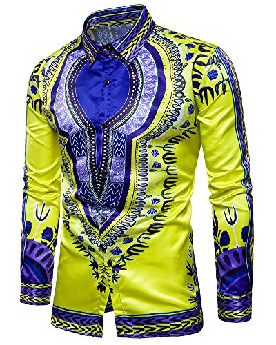 Hemd Herren Slim Fit Langarm mit Blumendruck Freizeit Business Shirt Gelb M von PengGeng