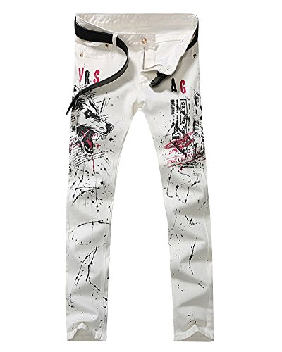 Herren Slim Fit Hosen Freizeithose Bedruckt Stretch Skinny Straight Leg Denim Jeans Weiß 32 von PengGeng