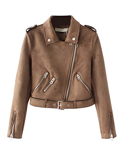 PengGeng Damen Bomber Kunstlederjacke Kurz Slim Fit Beiläufig Blouson Motorradjacke Bikerjacke Kaffee M von PengGeng