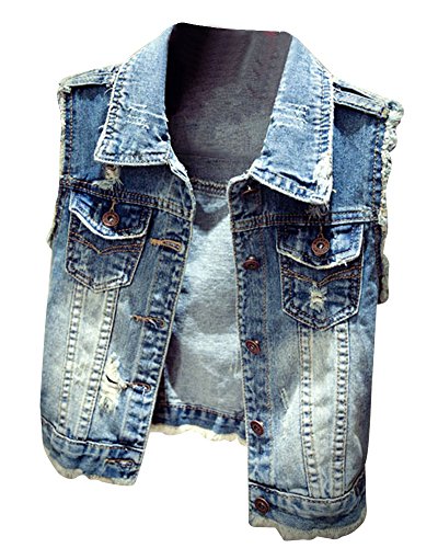 PengGeng Damen Casual Coole Zerrissene Jeansweste Denim Kurze Ärmellose Weste Blau 4XL von PengGeng