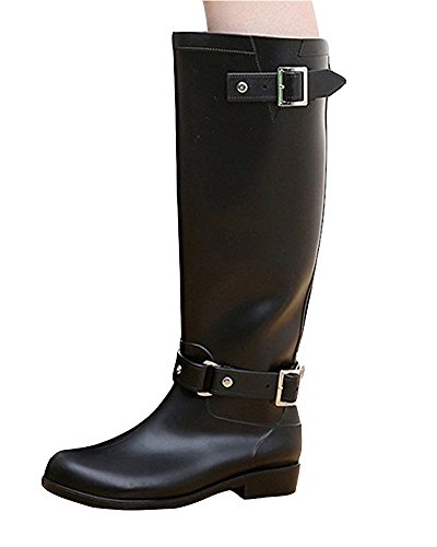 PengGeng Damen Gummistiefel Hohe Stiefel Mode Regenstiefel Rain Schuhe Wasserdicht Schwarz 39 von PengGeng