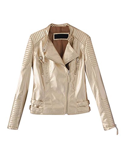 PengGeng Damen Kunstlederjacke Biker Jacke Zipper Langärmelige Lederjacke Bomberjacke Gold L von PengGeng