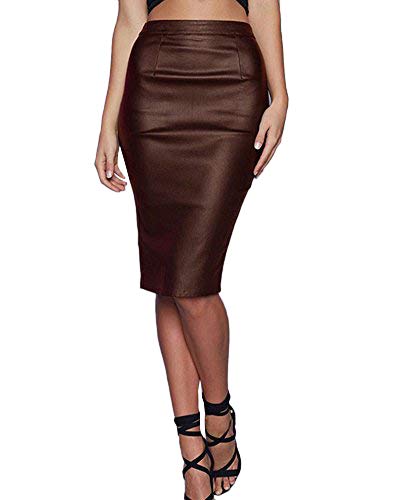 PengGeng Damen Lederrock Imitat Leder Pu Bodycon Stretch Knielang Elegant Schlank Kurz Hohe Bund Bleistiftrock Abendrock Party Kaffee 38 von PengGeng