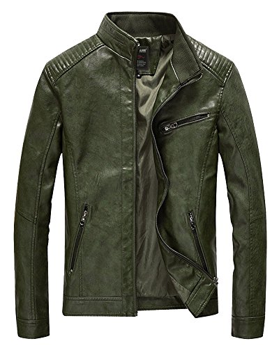 PengGeng Herren Lange Ärmel Reißverschluss Lederjacke Bikerjacke Mit Stehkragen Wärme Mantel Armee-Grün XL von PengGeng