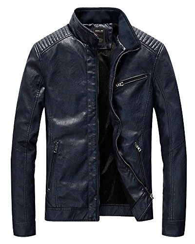 PengGeng Herren Lange Ärmel Reißverschluss Lederjacke Bikerjacke Mit Stehkragen Wärme Mantel Dunkel Blau 1 2XL von PengGeng