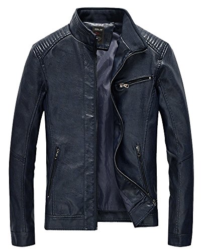 PengGeng Herren Lange Ärmel Reißverschluss Lederjacke Bikerjacke Mit Stehkragen Wärme Mantel Dunkel Blau 2XL von PengGeng