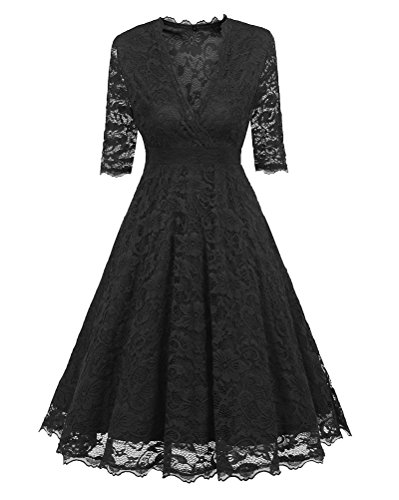 Spitze Kleid Damen Vintage Abendkleid Casual Rundhals Festliches Freizeitkleid Business Kleid Cocktailkleid Schwarz L von PengGeng