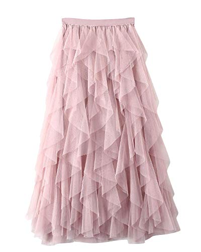 Damen Hohe Taille Vintage Maxirock Tutu Tüllrock Kuchenrock Chiffonrock A Linien Faltenrock Pink von PengGengA