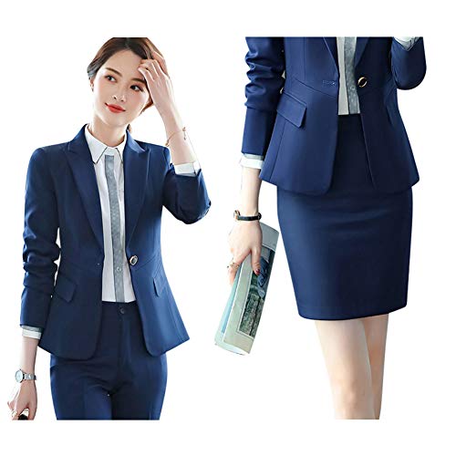 Damen Karriere Anzug Slim Fit Business Hoseanzug Rockanzug Reverskragen Rock Blazer Kombinationen Blau1 S von PengGengA