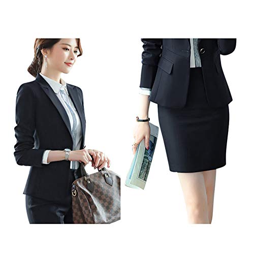 Damen Karriere Anzug Slim Fit Business Hoseanzug Rockanzug Reverskragen Rock Blazer Kombinationen Schwarz1 M von PengGengA