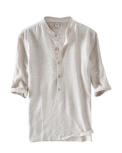 Herren Halber Ärmel Leinen Hemd Streifen Leinen T Shirt Freizeit Stehkragen Hemden Kaki 2XL von PengGengA