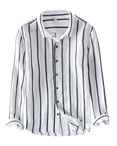Herren Langarm Streifen Shirts Leinen Hemden Freizeit Locker Leicht Tops Weiß 2XL von PengGengA