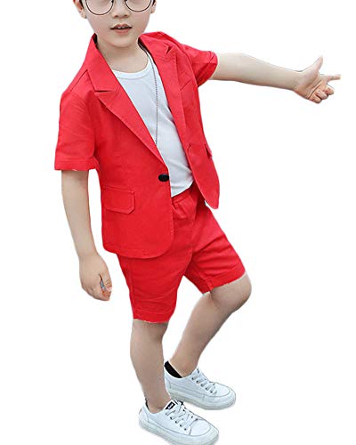 Junge Leinen Jungenanzug Kurzarm Kurze Set-Seite Gentleman Party Anzüge Jacke + Hose Rot 140 von PengGengA
